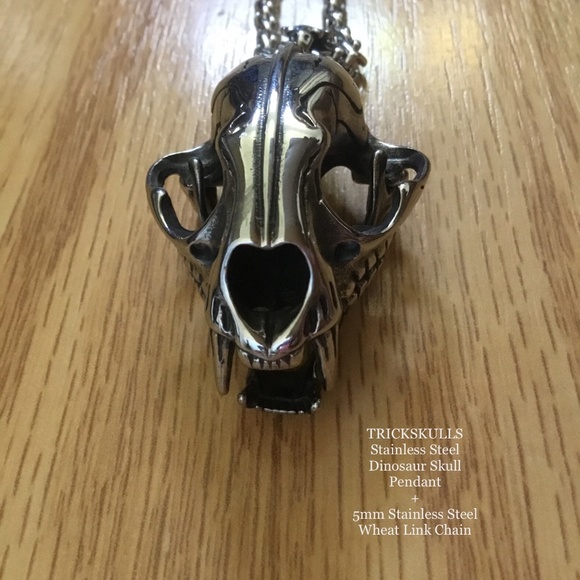 Sabre-Toothed Tiger Smilodon Big Cat Dinosaur Skull Stainless Pendant & Chain - Picture 13 of 13